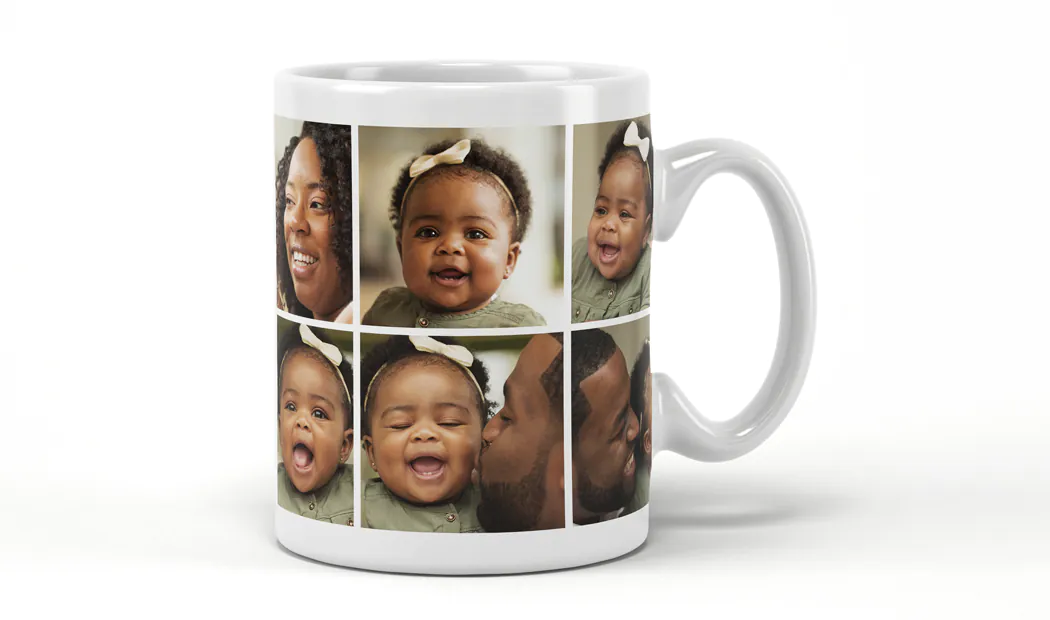 Fotocollage-Tassen von Printerpix|Individuell gestaltete Tasse mit einer Collage von Fotos eines Paares und ihres Babys von Printerpix|Nahaufnahme einer benutzerdefinierten Fototasse mit einer Fotocollage von Familienfotos und Text|Nahaufnahme einer Tasse mit Bildcollage von Fotos eines jungen Paares|Mädchen hält Tasse mit Fotocollage-Design von Paarfotos|Zwei individuell gestaltete Fototassen mit romantischen und familiären Bildern und Text|||||