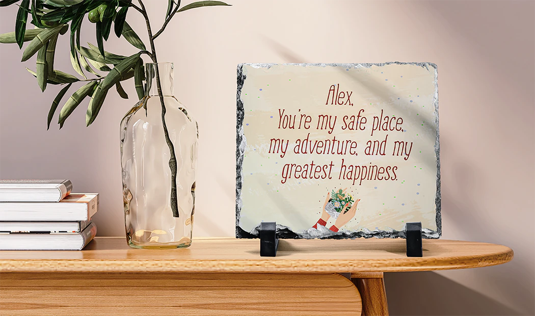 ["Stone Photo Plaque", "Stone Plaque with Family Photo", "Side View of Stone Plaque with Baby, Mum, and Dad", "Two Young People Printed on Stone", "Personalised Gift Stone with Printed Image", "", "", "", "", ""]||||||||||