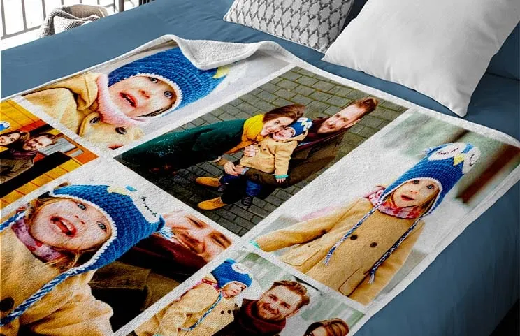 Mink Touch Photo Blanket from Printerpix|Printerpix Photo Blanket with Family Photos|Large Photo Blanket on Double Bed with Image of a Girl|Photo Blanket Image with Size Comparison|Photo Blanket Black and White Collage Image||||||