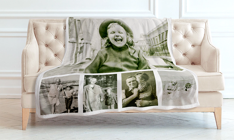 Mink Touch Fotodecke von Printerpix|Fotodecken|Große Fotodecke auf Doppelbett mit Bild eines Mädchens|Fotodecke Bild mit Größenvergleich|Fotodecke Schwarz-Weiß-Collage-Bild||||||