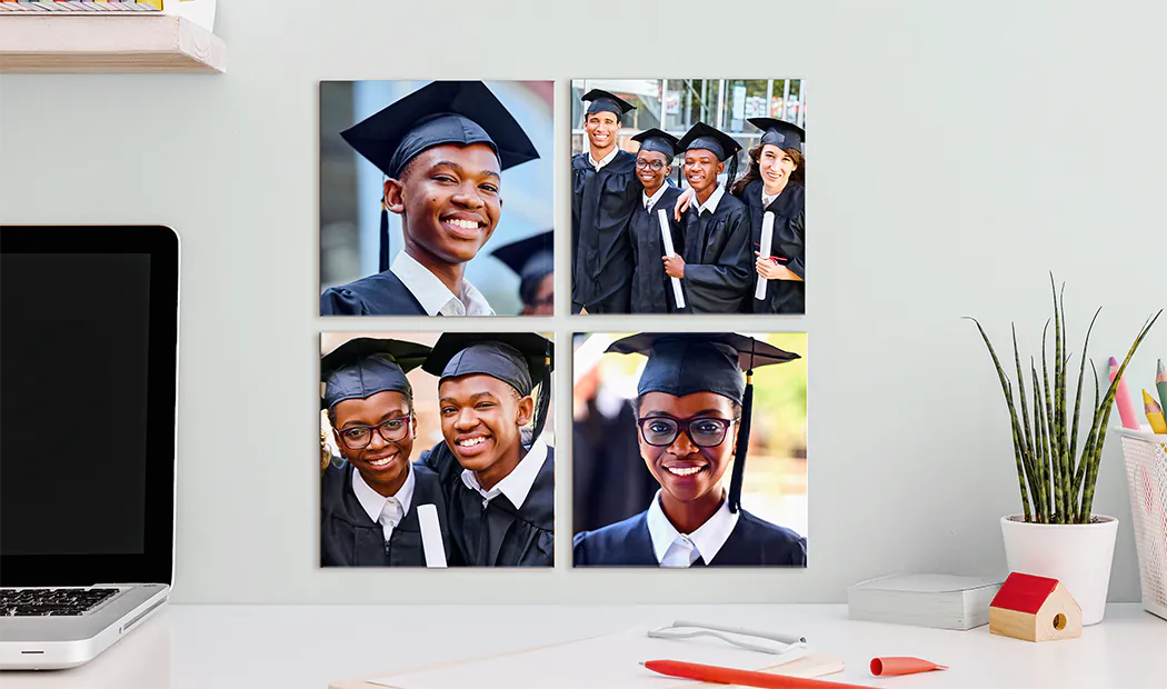 Metalldruckplatten von Printerpix|Vier Metall-Druckplatten mit Babyfotos|Neun Metall-Druckplatten mit Familienfotos|Drei Metall-Druckplatten mit Landschaftsfotos|Vier Metall-Druckplatten mit Urlaubsfotos|Frau hält zwei Hochzeits-Metalldrucke|||||