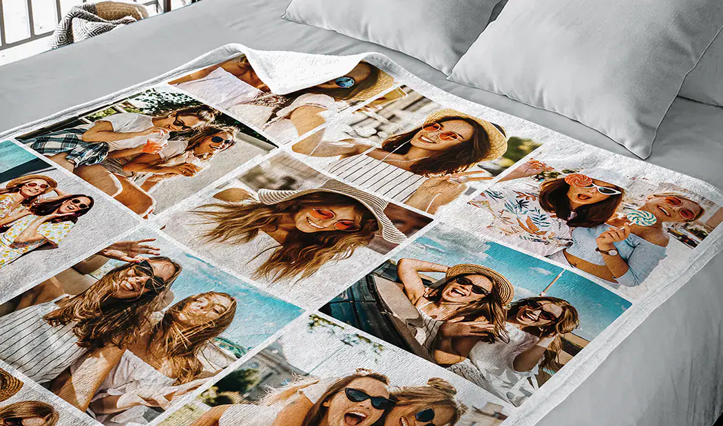 Mink Touch Fotodecke von Printerpix|Personalisierte Decken|Große Fotodecke auf Doppelbett mit Bild eines Mädchens|Fotodecke Bild mit Größenvergleich|Fotodecke Schwarz-Weiß-Collage||||||