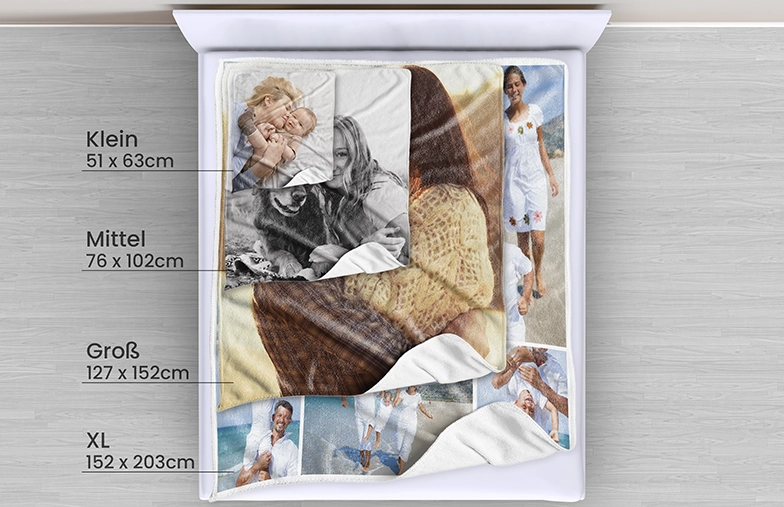 Personalisierte Kuscheldecke in verschiedenen Größen mit Ihren Lieblingsfotos – in Deutschland erhältlich.