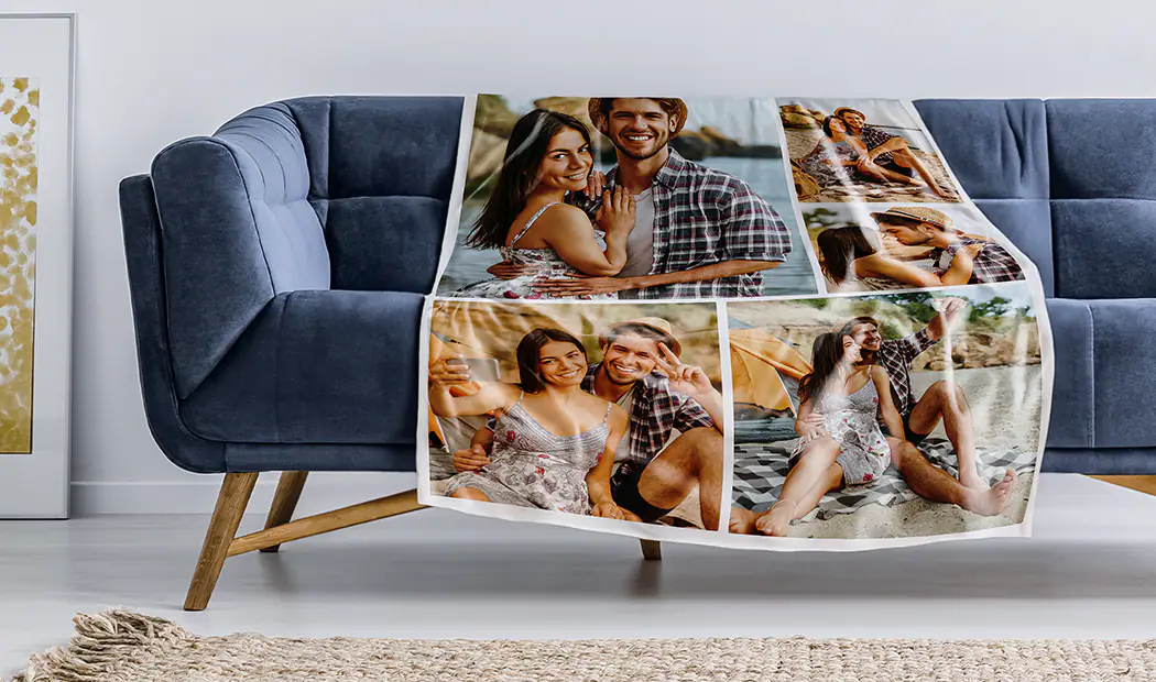 Große Fotodecke auf einem Doppelbett mit Bild eines Mädchens