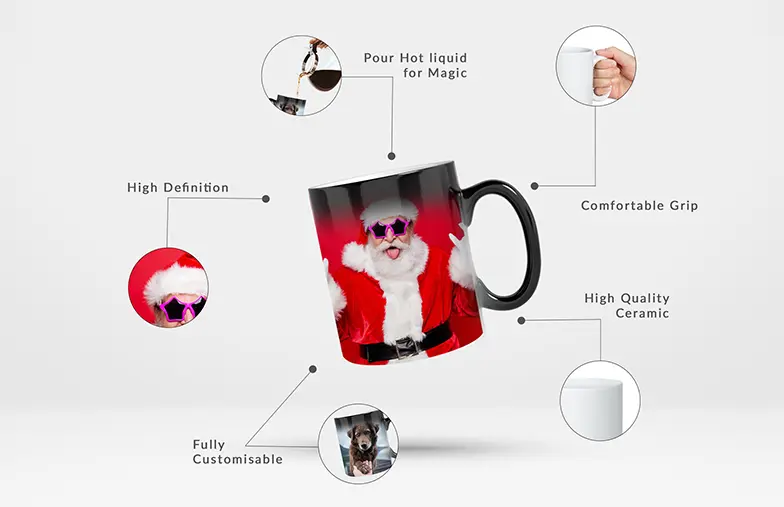 Magische Tasse mit Katzenbild, in die auf einem Schreibtisch Tee eingegossen wird