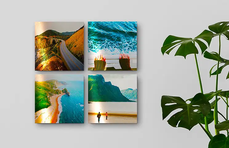 Vier Metall-Druckplatten mit Urlaubsfotos