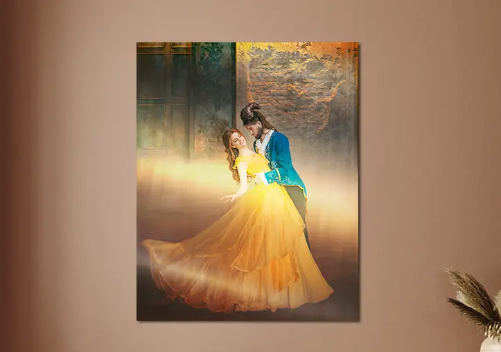Personalized Beauty and the Beast-inspired metal print:  A romantic couple dances in a dreamy, golden-hued scene in Germany.